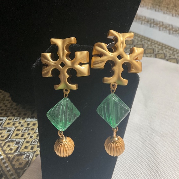 Tory Burch Roxanne Azure Green 18K Gold Plated Double Drop Clip-On Earri… - Picture 3 of 5